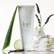 kai body polish tube with aloe leaf and coffee beans — hydrating sugar and sea salt body scrub