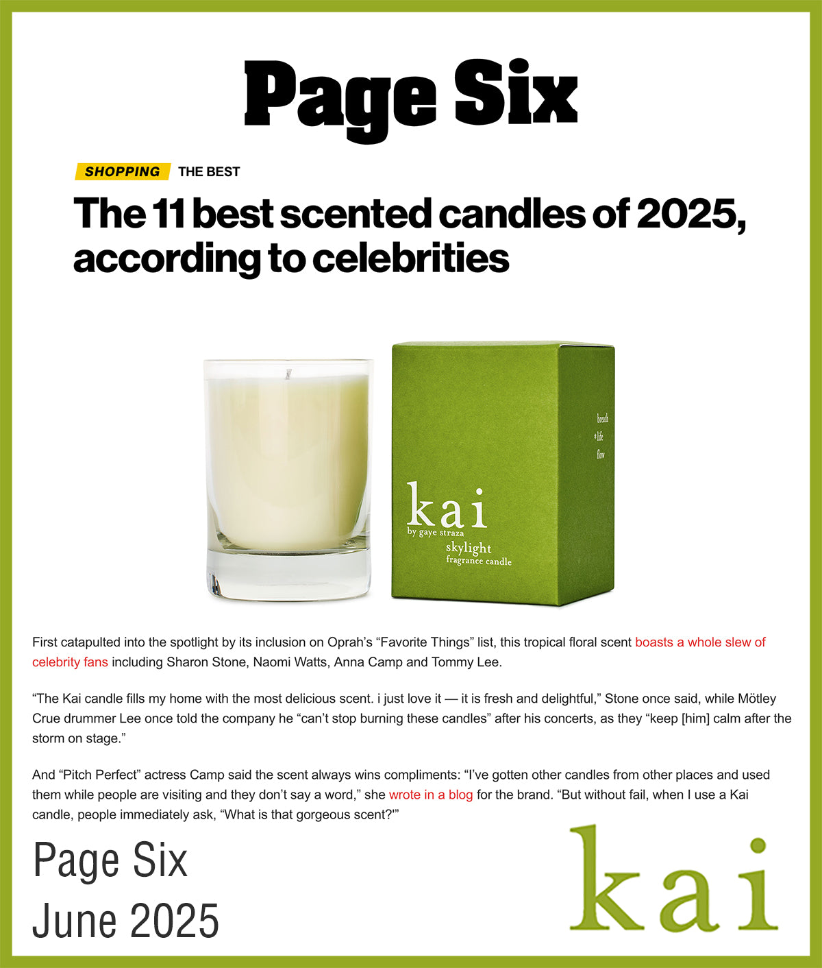 best scented candle - kai skylight candle - page six - june 2025