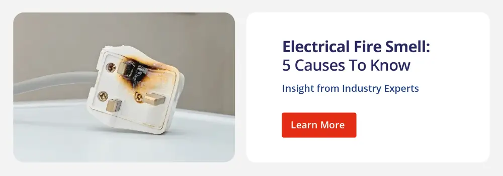 Clickable graphic directing to Rainbow Restoration's blog Electrical Fire Smell: 5 Causes To Know.