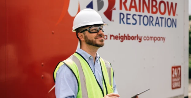 RBW tech in yellow vest standing by van with clipboard.